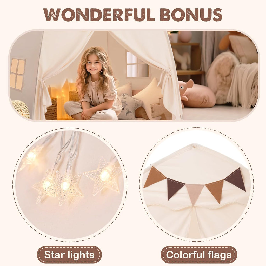 Large Kids Play Tent with Star Lights & Flags, Portable & Foldable Teepee Tents, Dome Tent Playhouse for Indoor &