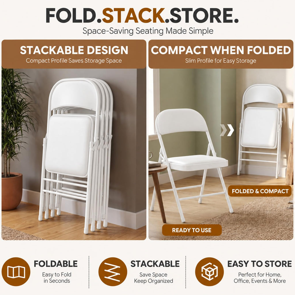 6 Pack White Padded Folding Chairs with Metal Frame