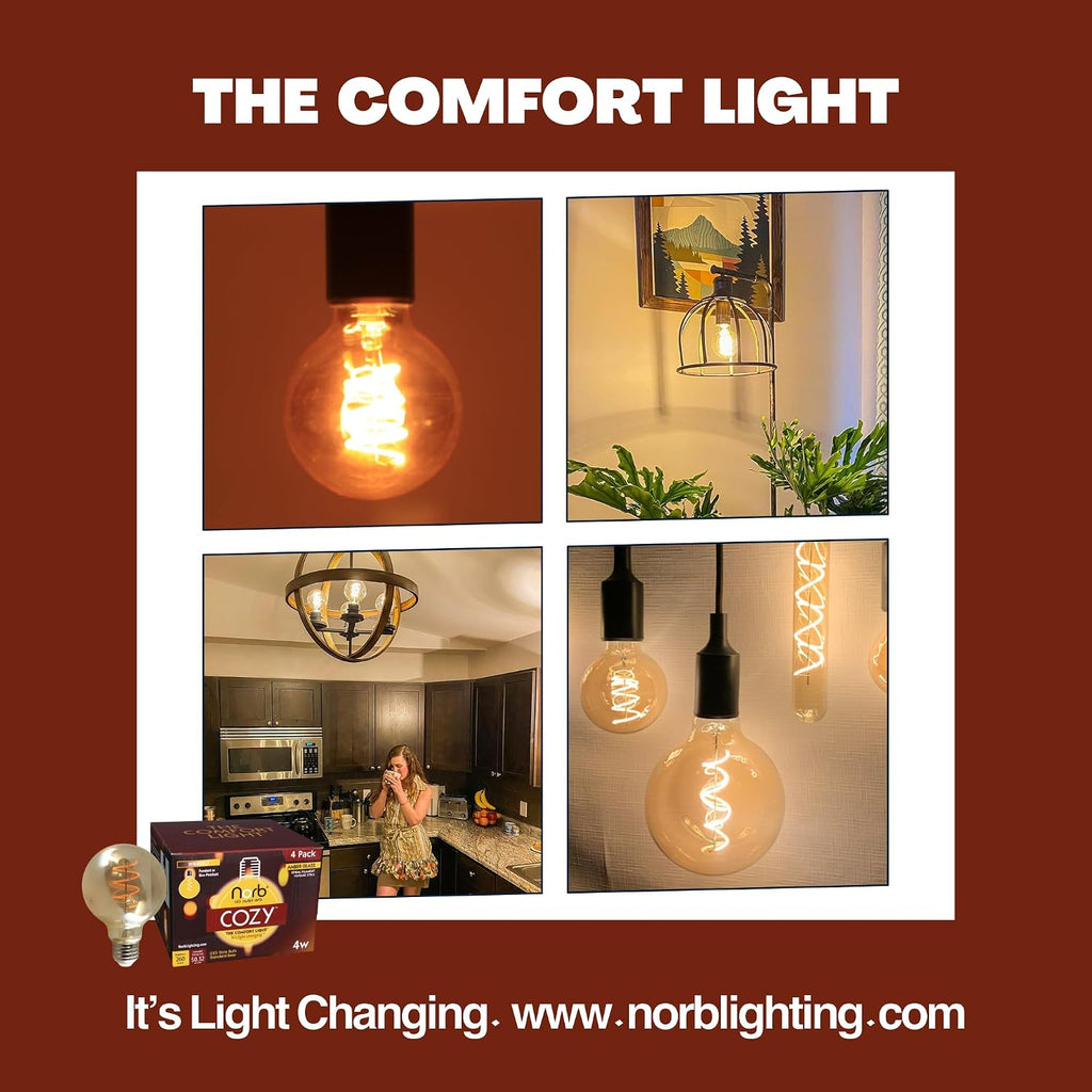 NorbCOZY G25 LED Bulb - Amber Glass 4W Spiral Filament Globe, 2700K Candlelight Glow, E26, Energy-Efficient Wellness