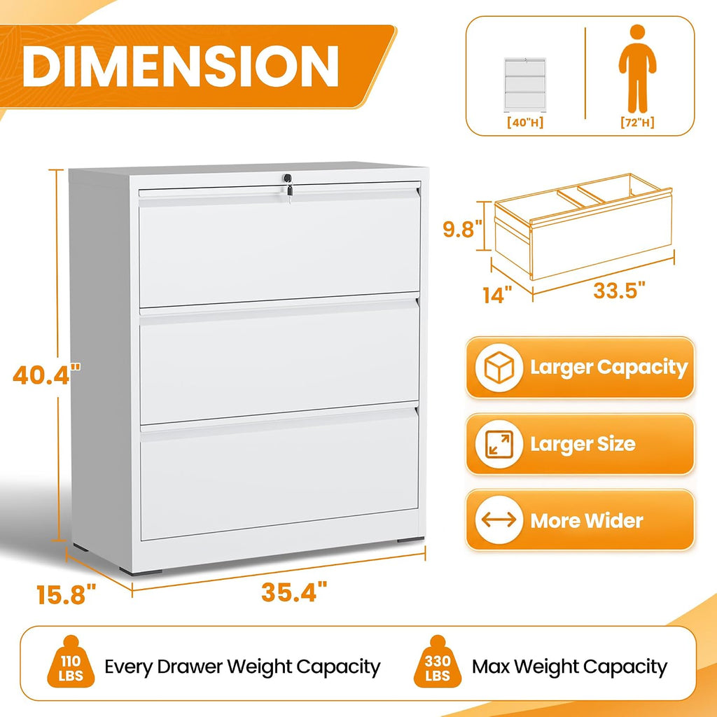 3 Drawer Lateral File Cabinet with Lock, Metal File Cabinets Furniture for Organization Hanging Legal/Letter/A4