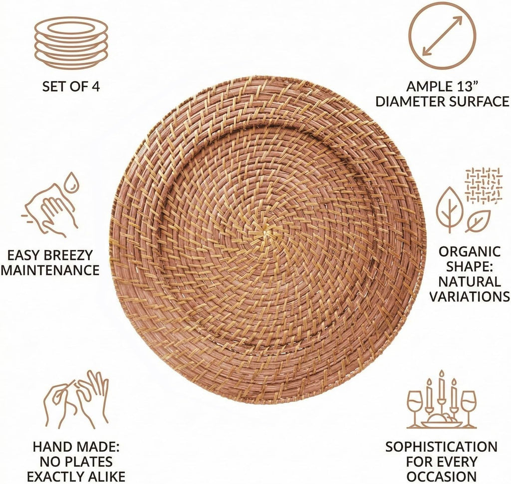 Rattan Charger Plates Hand Woven Round Harvest, 13" - 4 Set - Set of 4