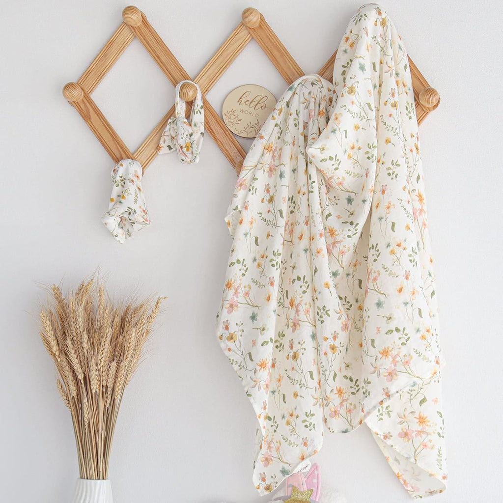 Newborn Swaddle Set with Matching Hat and Bow Set, Wooden Birth Announcement Card, Floral Baby Girl Newborn Receiving