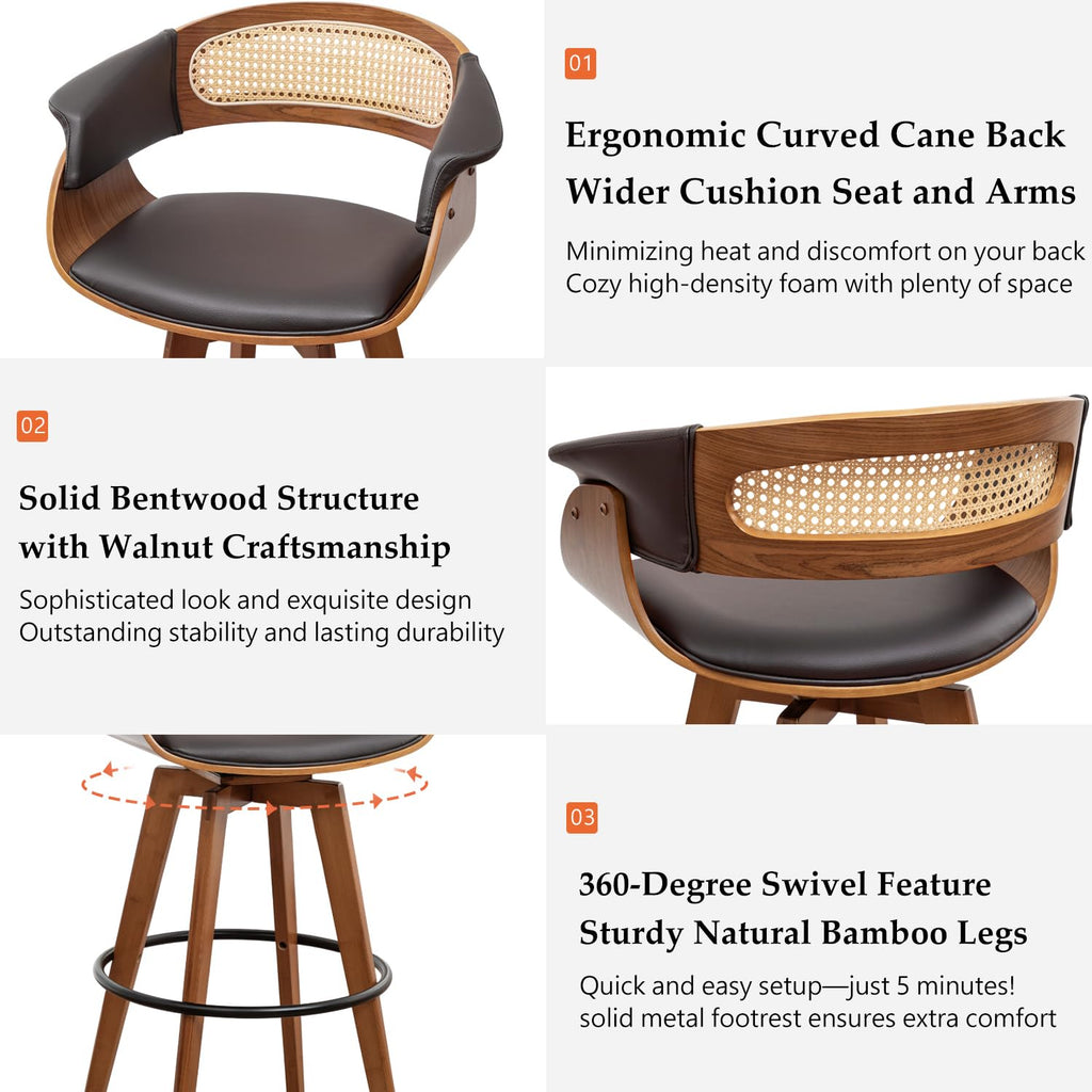 Walnut Bar Stools, 29.5 inch Mid Century Bar Stools with Curved Back