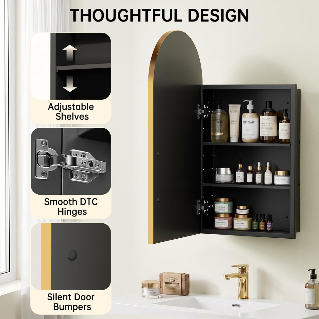 Arched Recessed Medicine Cabinet with Mirror, Bathroom Mirror Storage, Gold