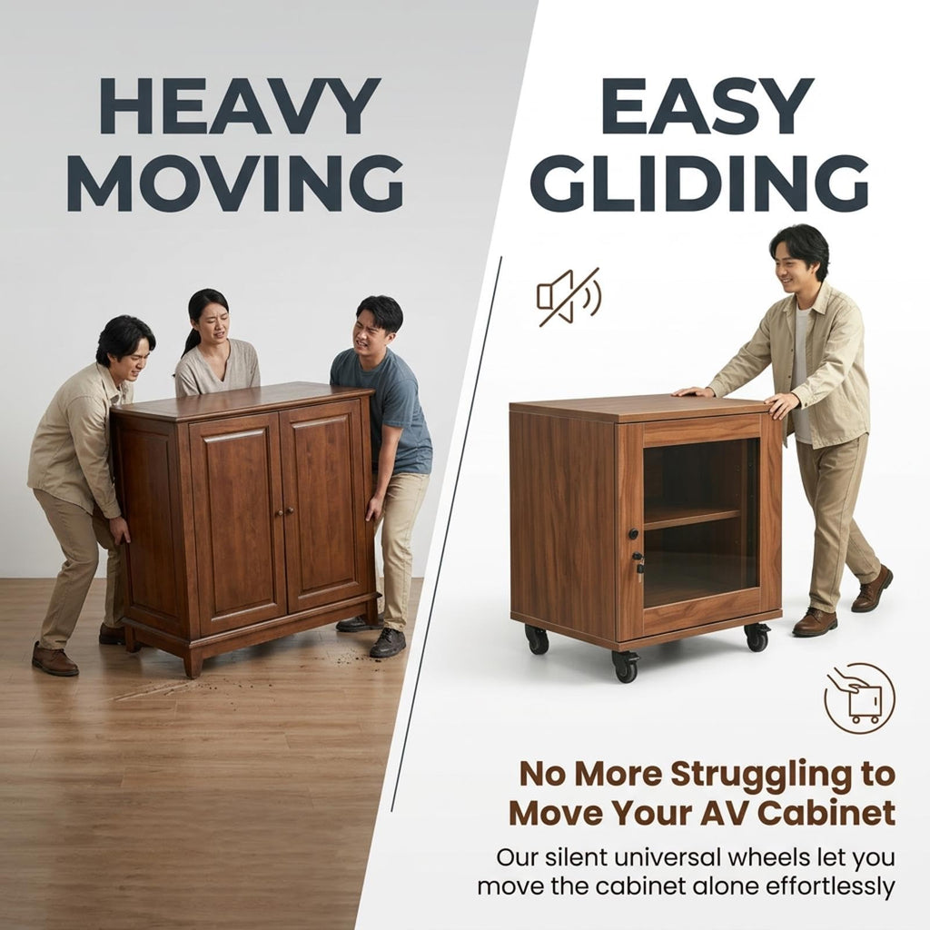 Walnut Wood Audio Rack With Tempered Glass Door, Solid Wood Cabinet