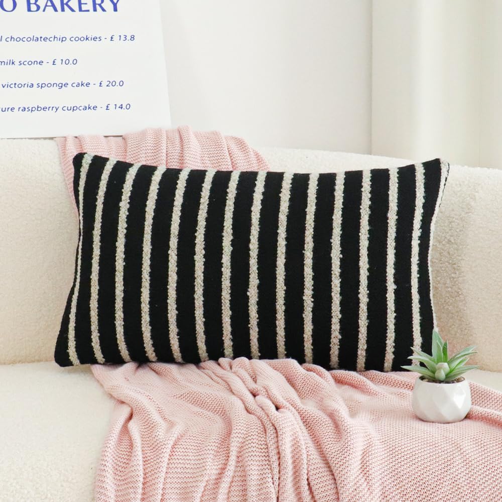 Black Striped Lumbar Boho Throw Pillow Cover, Modern Boucle Textured Rectangle Pillowcase for Sofa Couch Bed, Neutral