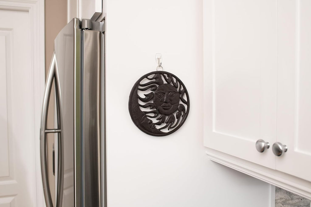 Cast Iron Trivet for Hot Dishes, Pots, and Pans, Metal Trivet, Sun & Moon Design, Rubber Feet Caps, Ring Hanger, 8