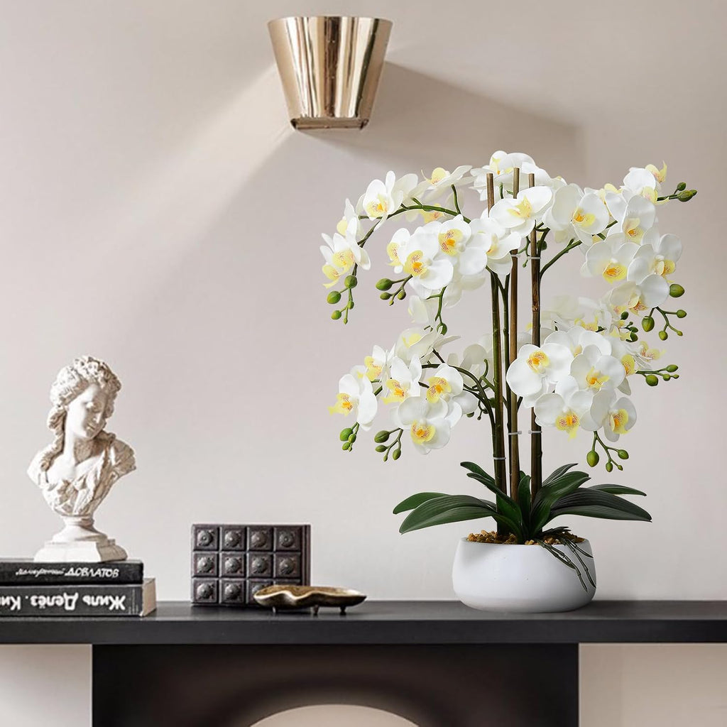 Artificial Orchid Flowers & Plants Potted in Ceramic Pot, White Faux Phalaenopsis Orchids for Table Centerpiece