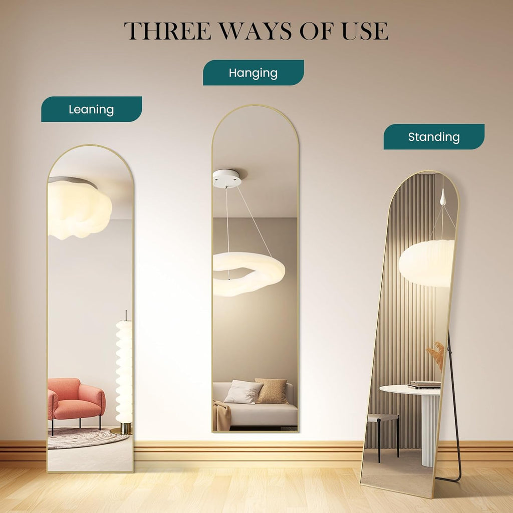 59"x16" Arched Full Length Mirror, Full Body Floor Mirror, Gold, Aluminum Alloy Thin Frame, Wall or