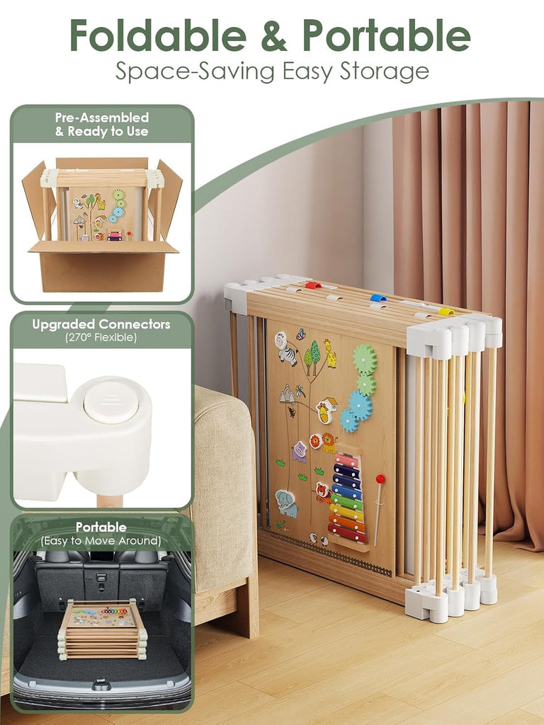 Foldable Baby Gate Playpen, Wooden Play Yard for Babies and Toddlers | Child-Safe Lock, Pre-Assembled for Quick
