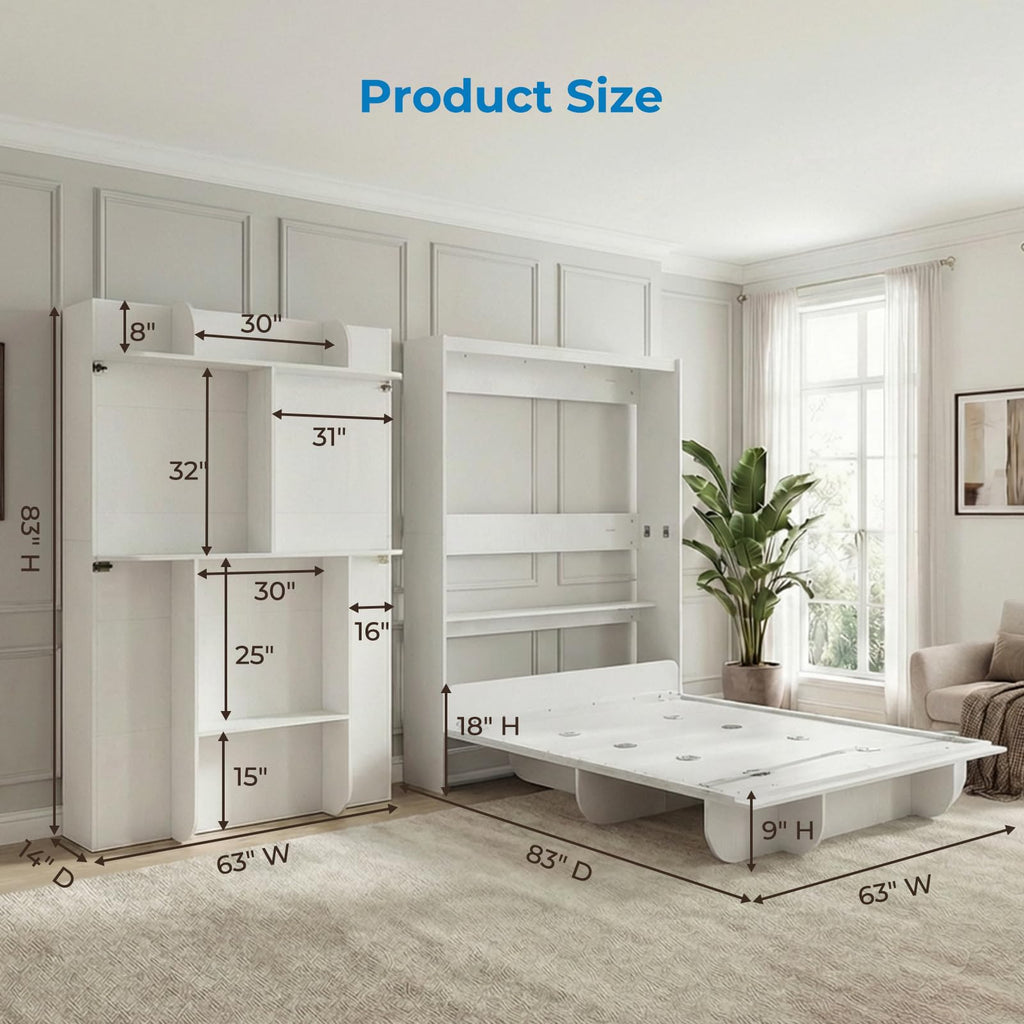 Queen Vertical Wall Murphy Bed with Storage Shelf, White