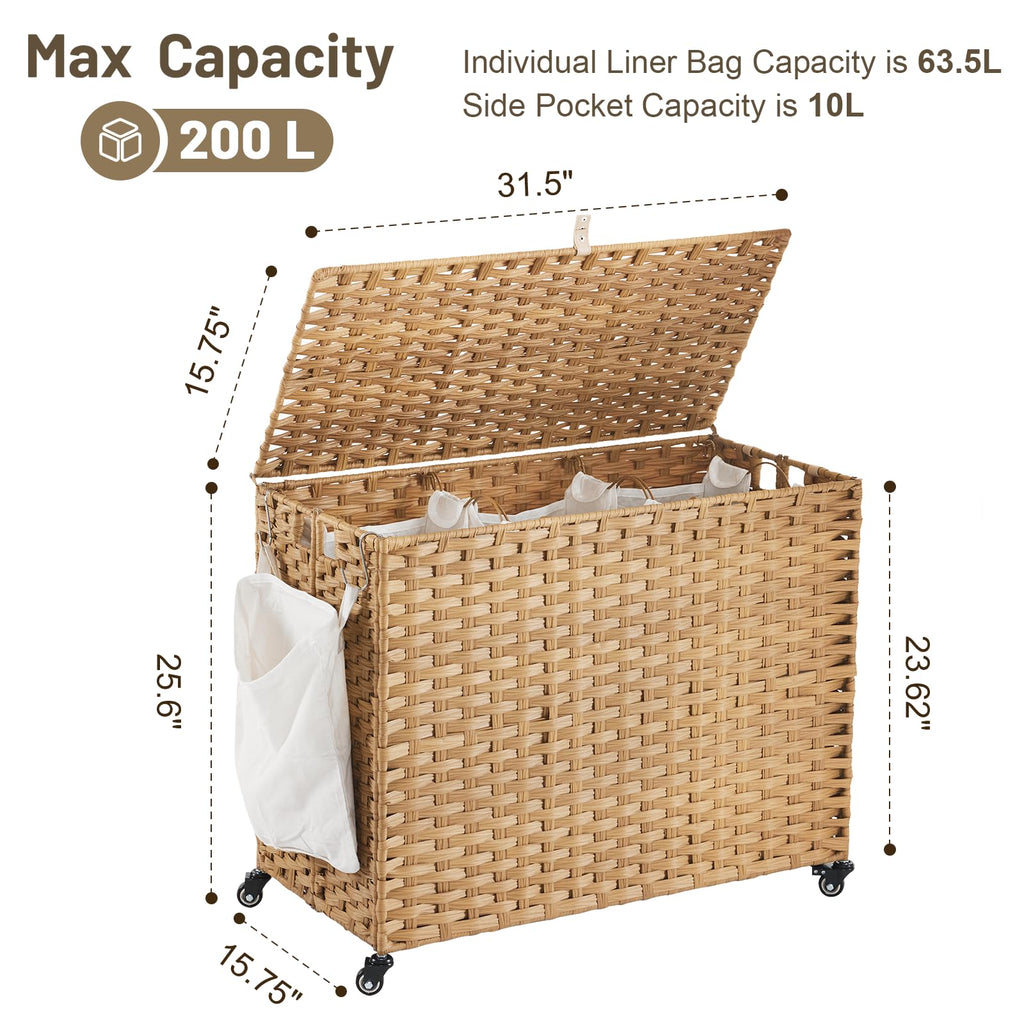 Laundry Hamper with Wheels, 52.8 Gallon(200L) Rolling Laundry Basket with Lid, 3-Section Rattan Clothes Hamper with 3