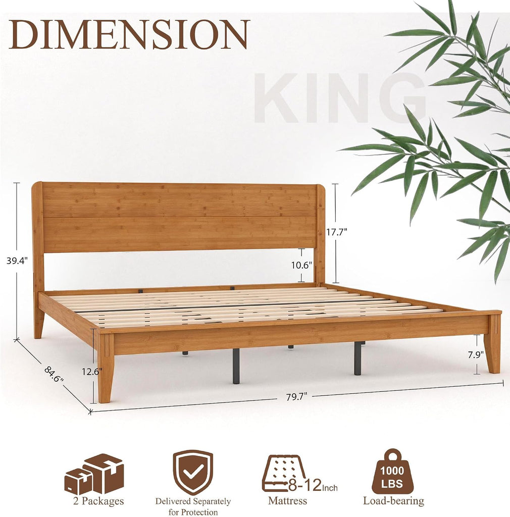 Japanese Joinery Bamboo Bed Frame, Platform Bed with Headboard