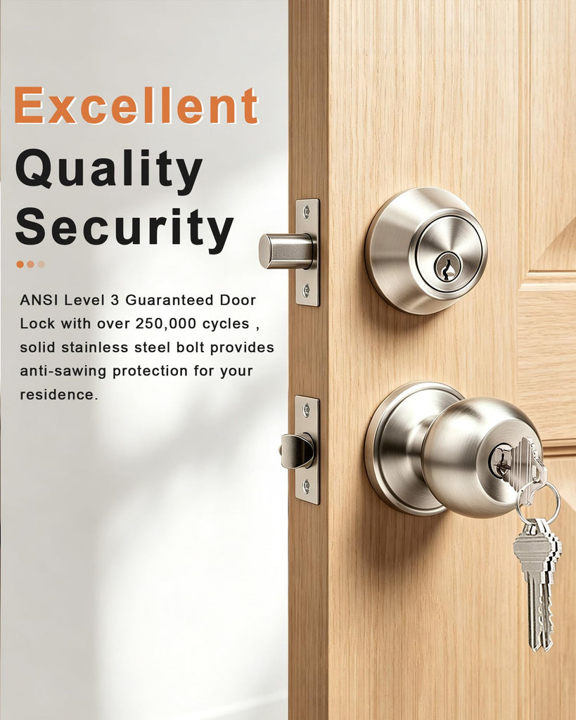 Keyed Alike Entry Knobs and Single Cylinder Deadbolt Lockset, Front Door Lock Set Exterior Door Knob with Deadbolt