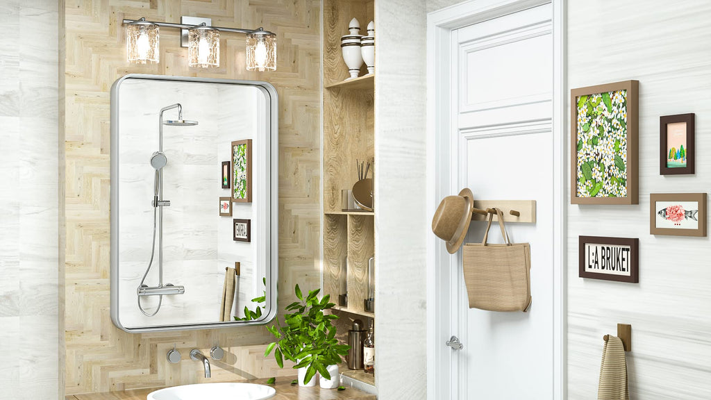 20 x 30 Inch Silver Bathroom Wall Mirror Vanity Metal Frame Round Corner Rectangular Decor Living Room Entryway
