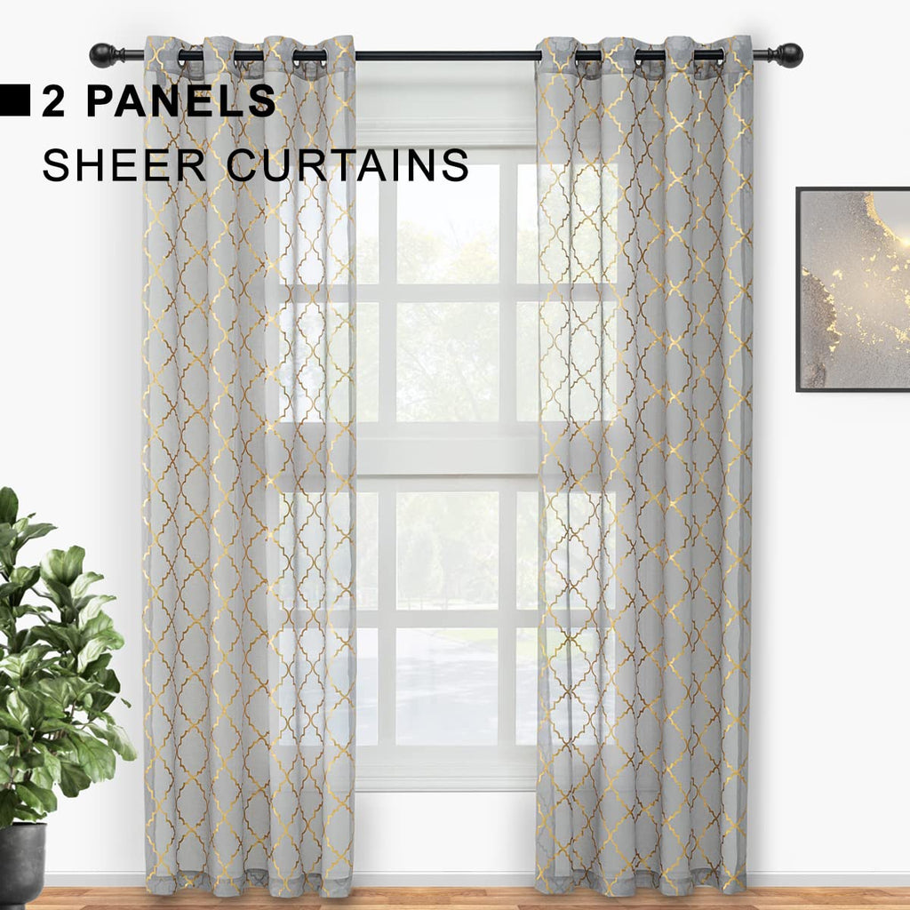 Grey Sheer Curtains with Gold Moroccan Tile 52x84 Inch 2 Panels