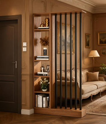 Freestanding Room Divider with Storage Shelves, Slatted Partition Bookcase