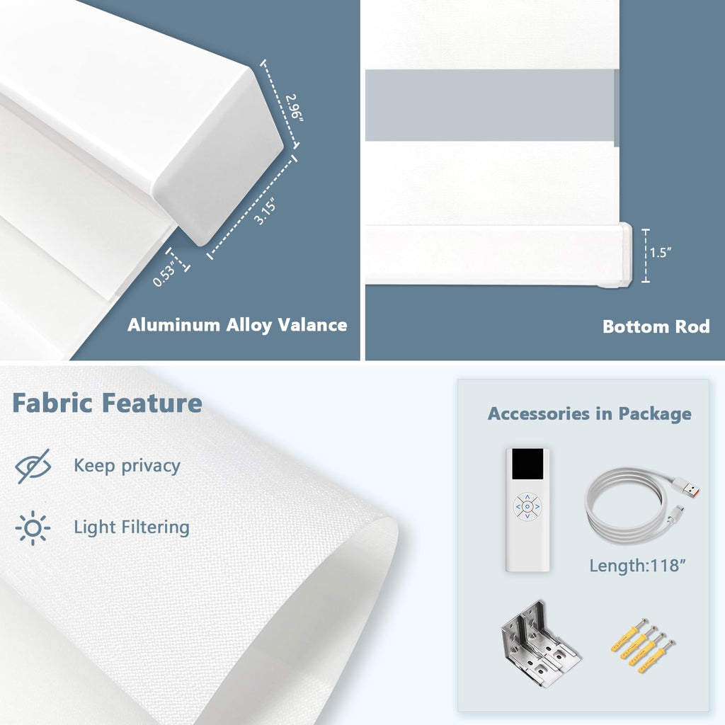 Motorized Zebra Blinds Custom Size Smart Dual Layer Shades for Windows with Remote | Assembled in USA | Electric Day