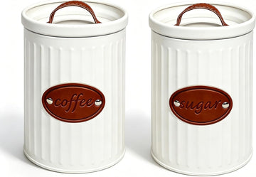 Metal Food Canister Set, 37oz, White, Airtight, for Coffee, Sugar, Beans, Pods, Rustic Farmhouse Kitchen - Set of 2