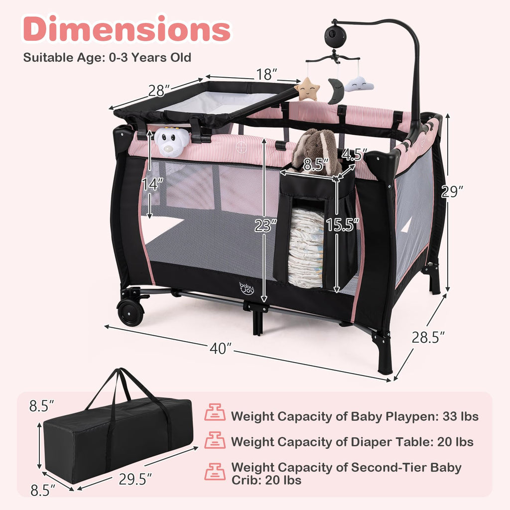 3 in 1 Play Yard, Portable Baby Playard w/Bassinet