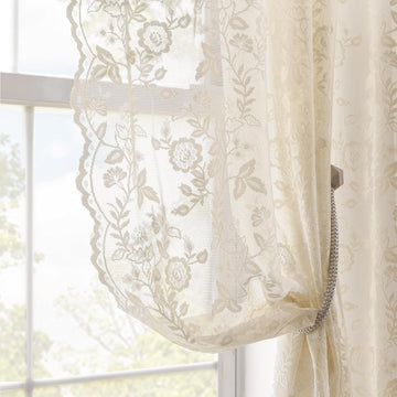 Beige Lace Curtains 36 Inch Length 2 Panels Rusitc Leaf Floral Short Sheer Curtains for Kitchen Window Over Sink, Rod