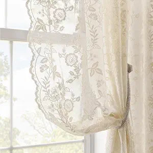 Beige Lace Curtains Rustic Leaf Floral 42 x 96 Inch, 2 Panels