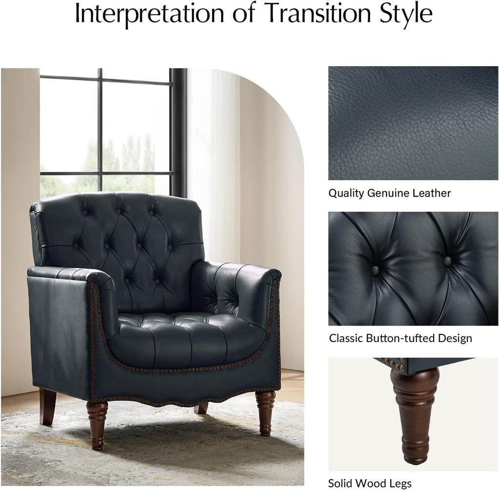 Mid Century Modern Genuine Leather Accent Chair, Navy