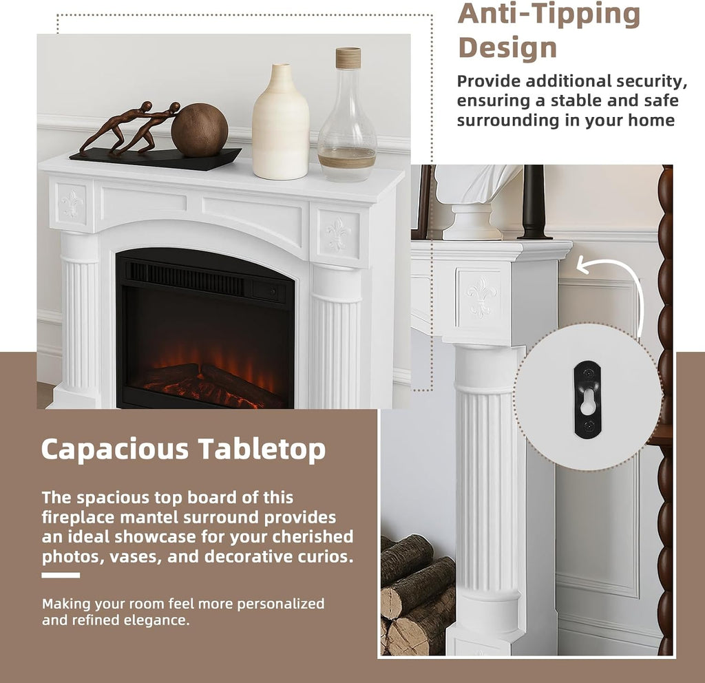 White Surround, Modern Freestanding Surround Mantel for Electric Fireplaces, Waterproof & Anti-Tipping, Grade A MDF