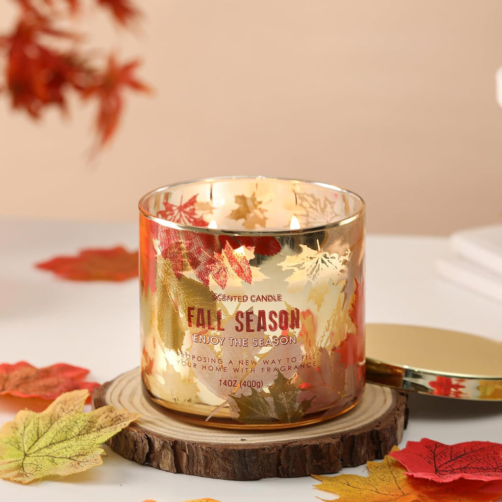 Fall Candle,Autumn Leaves Scented Candle,Large 3 Wicks,Fall Gift Decor,14oz - Set of 14