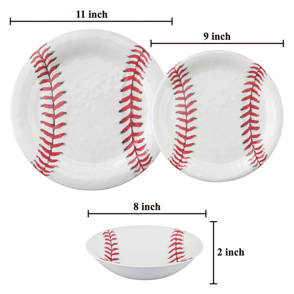 12 Piece Baseball Melamine Dinnerware Sets, Outdoor Dishes Set, Plates and Bowls Sets, Service for 4, White