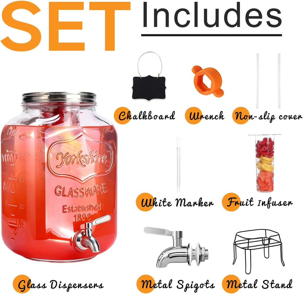 2 Gallon Glass Drink Dispenser,Beverage Dispenser with Stand,Lemonade Dispenser with 304 Stainless Steel Spigot