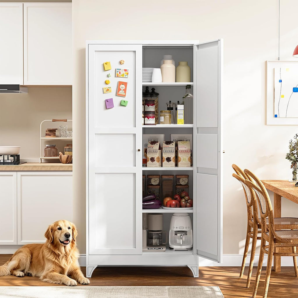 Metal Pantry Cabinet, 75" Kitchen Pantry with 2 Door and 4 Adjustable Shelves,White Metal Pantry Storage