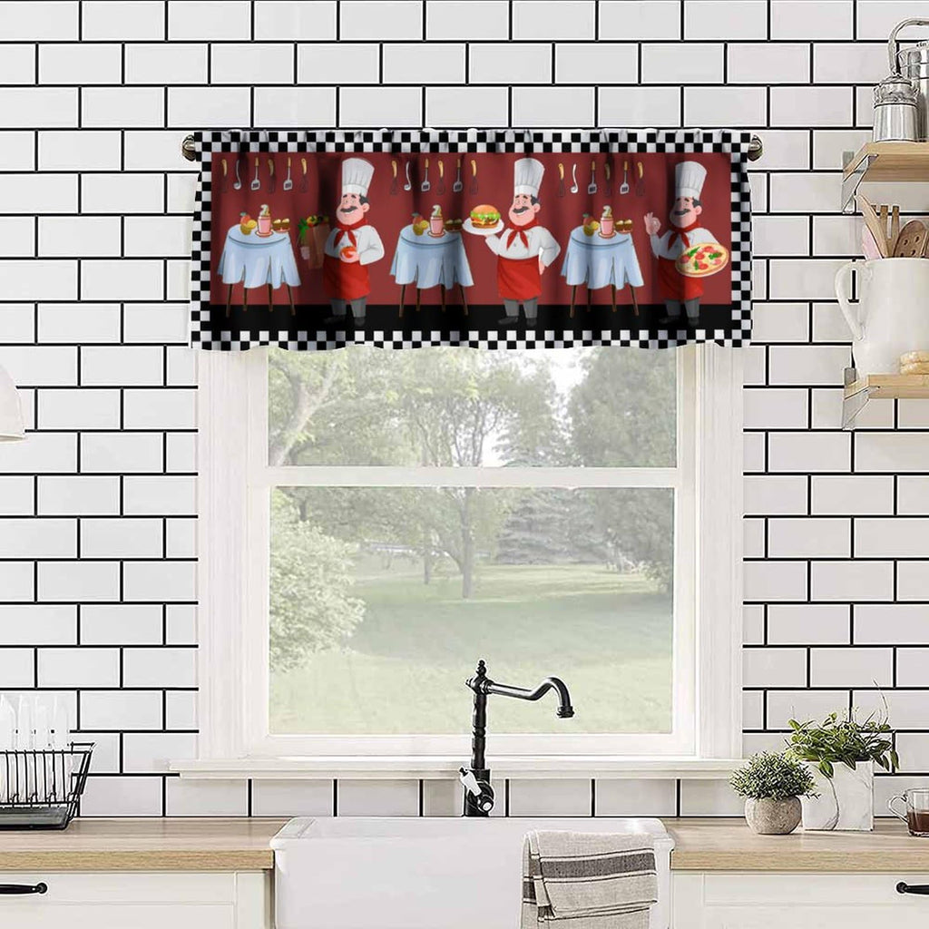 Kitchen Chef Window Valance Curtain, Knife Fork Red Black Check Plaid Tier Curtain Blackout Rod Pocket Curtain