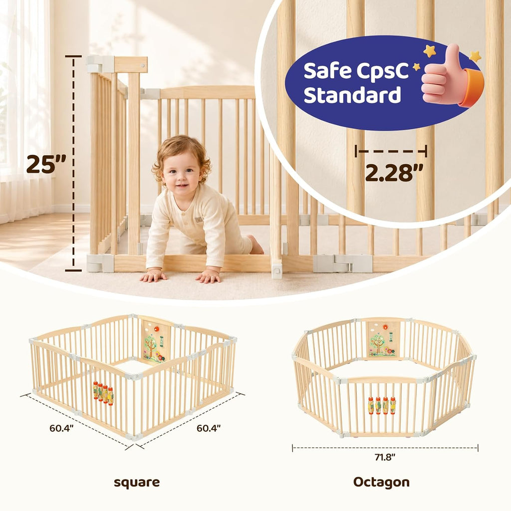 Wooden Baby Playpen, 60"×60"×25" 8-Panel Foldable Wood Play Yard with 2 Montessori Toys for Toddlers, Adjustable