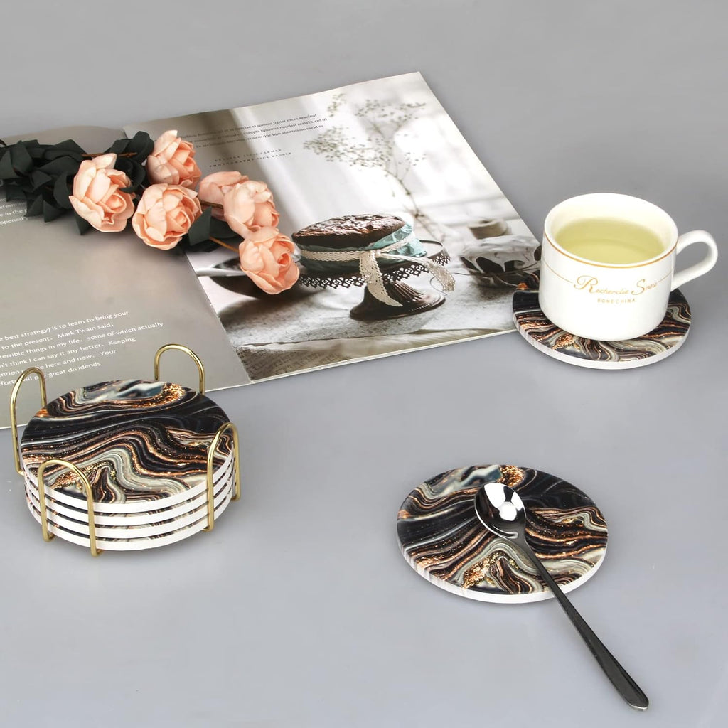Black and Gold Marble Coasters with Holder Best Round Absorbent Coasters for Drinks, Coffee, Beer, Table Marble - Set of 6