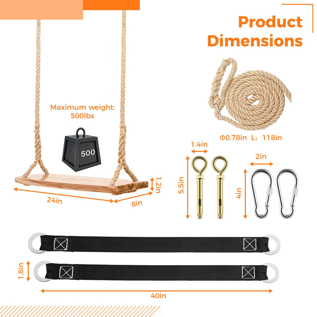 Wooden Tree Swing, Wooden Swing for Adults/Kids with 500lbs Load Capacity Waterproof Wooden Swing Seat Adjustable Hemp