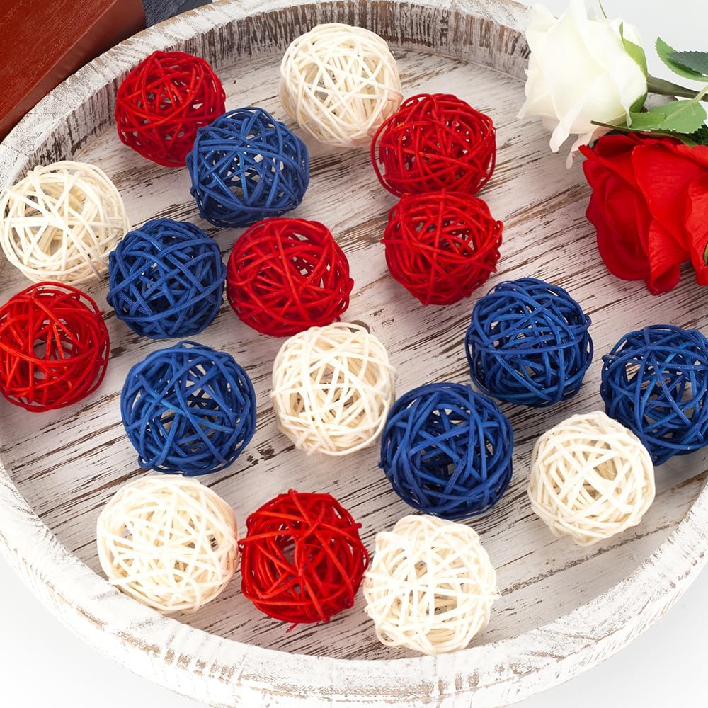 4th of July Decorations Rattan Balls, Patriotic Vase Bowl Filler - Set of 18