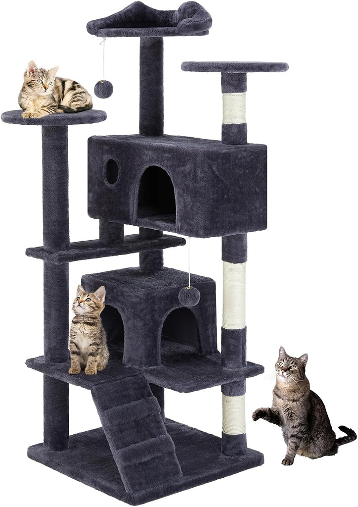 54 Inch Cat Tree Tower, Multi-Level Tower with Cat Scratching Post, Indoor Cat Condo with Climbing Ladder, Plush Toy