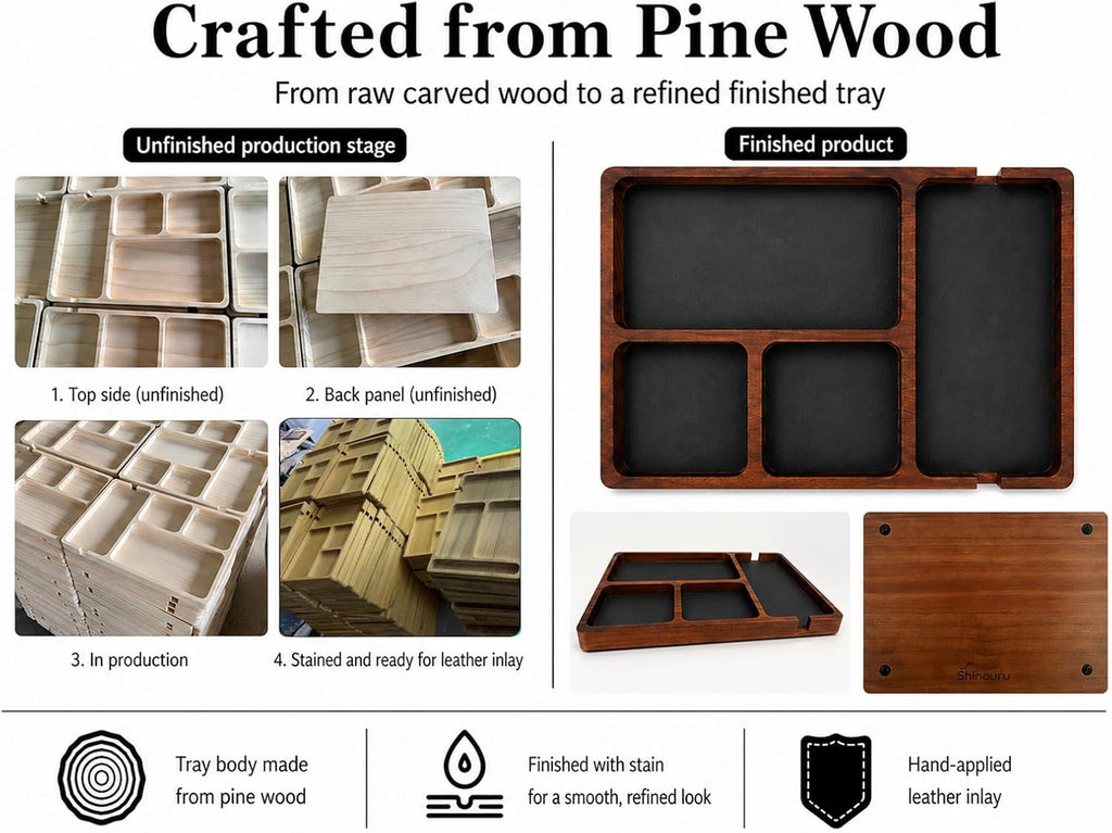 Wooden Valet Tray for Men, Nightstand Organizer with Leather Inlay, EDC Essentials Catchall Tray for Keys, Phone