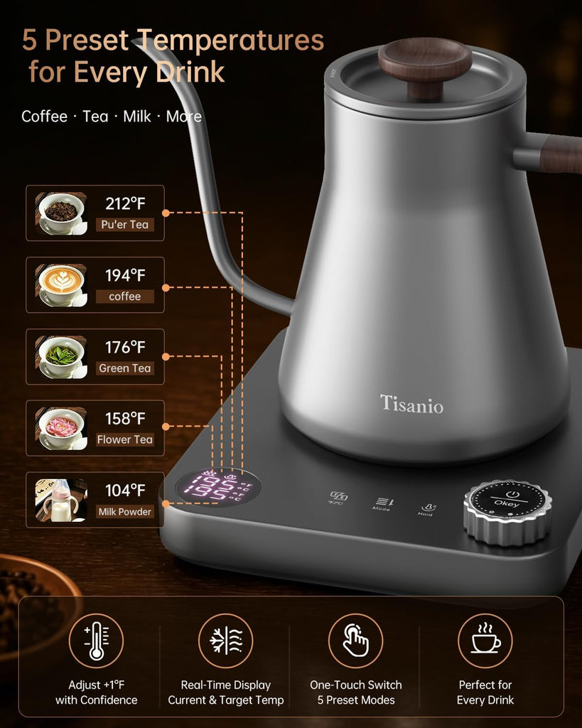 Gooseneck Electric Kettle with Temperature Control, 0.9L, Gray Wood | ±1°F Precision Pour Over Kettle, LCD Dual