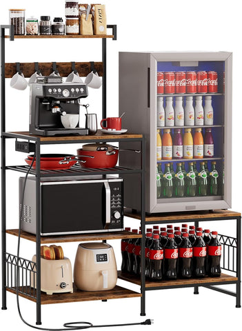 Kitchen Shelf Bakers Rack with Power Outlet, Mini Fridge and Microwave Stand Coffee Bar Table with S-Hooks, Storage