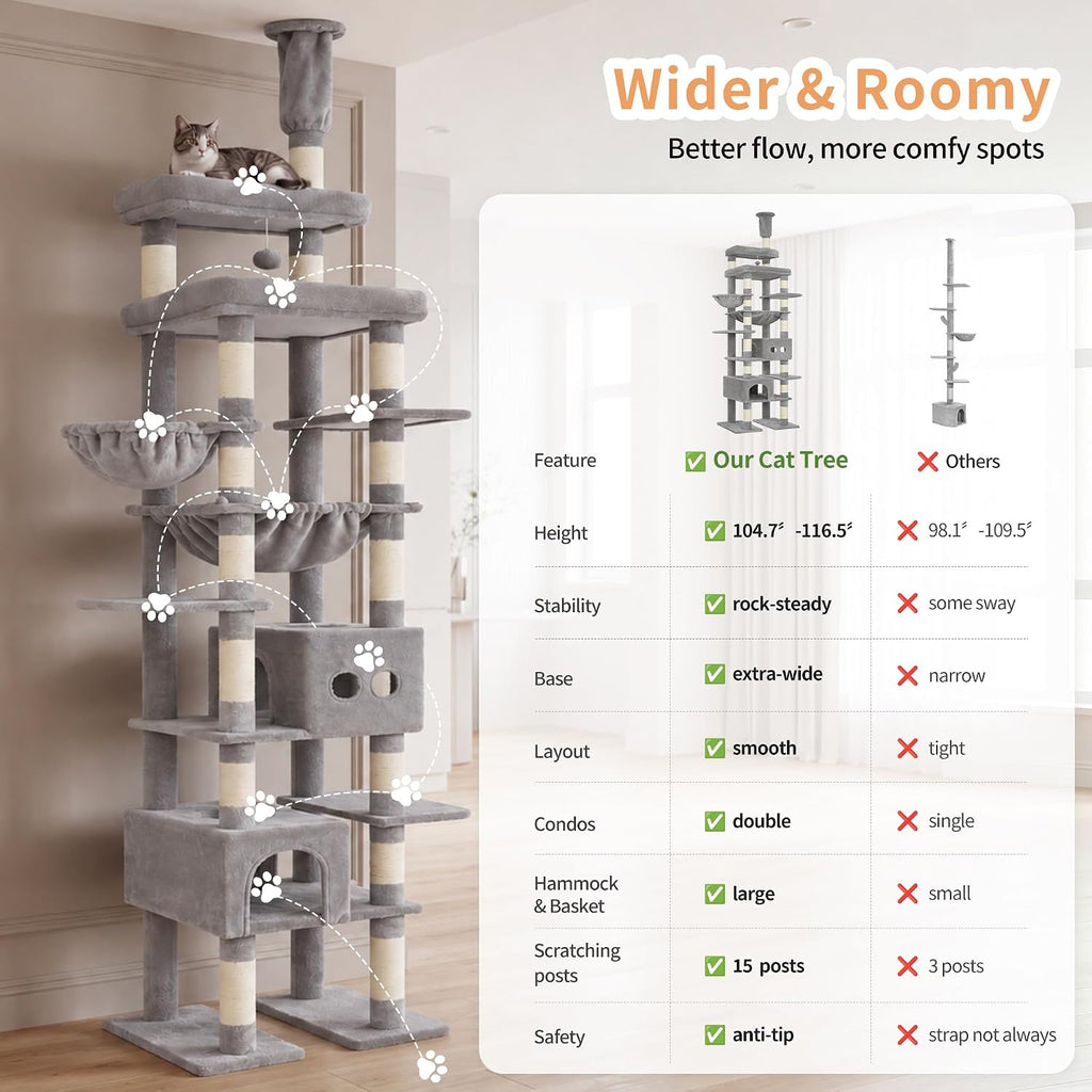 Floor to Ceiling Cat Tree, 104.7"-116.5" Height-Adjustable