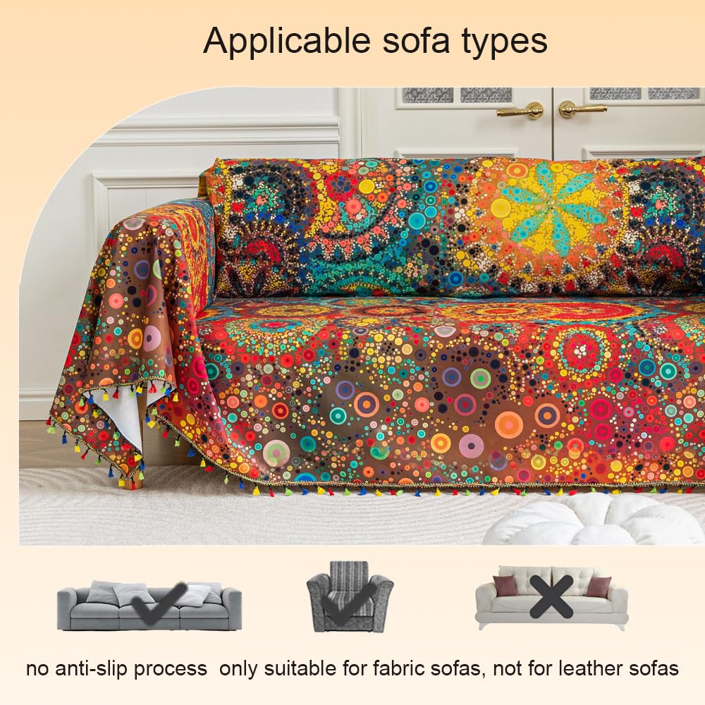 Boho Couch Cover with Tassels, Washable 3-Seater Sectional Sofa Cover (A7, 71"x134")