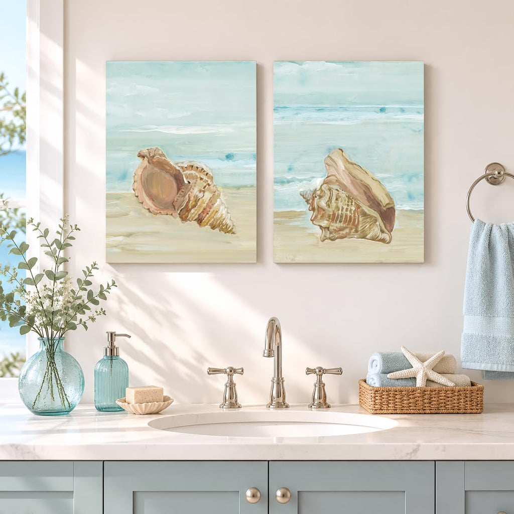 Nautical Seashell Wall Art Beach Wall Decor Ocean Theme Canvas Prints Aqua Turquoise Coastal Shell Pictures Framed