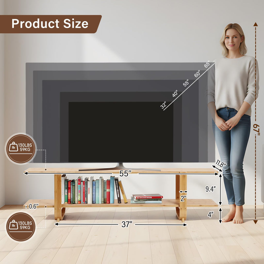 Wood Bamboo TV Stand for 55-Inch TVs, 2 Open Shelves, Modern Console