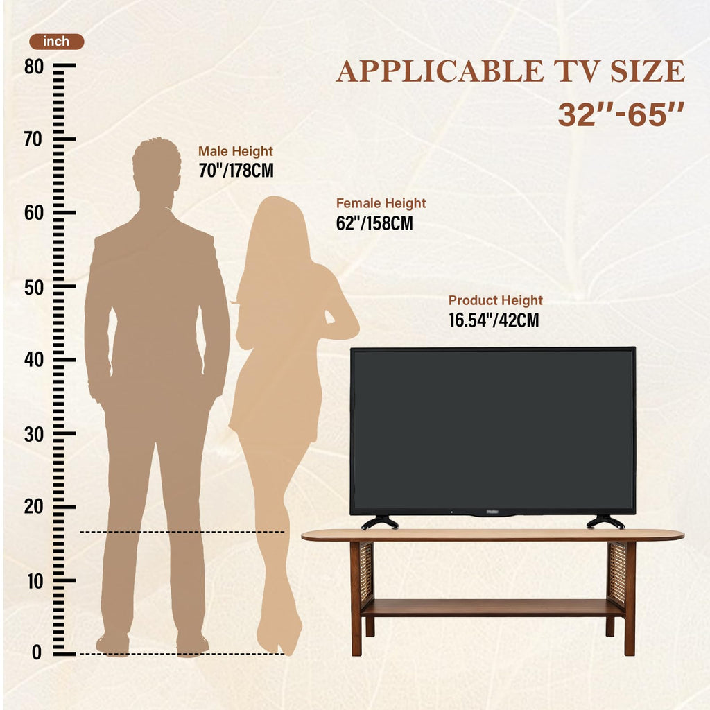 Walnut TV Stand for 65-Inch TVs, 2 Open Shelves, Rattan Media Console