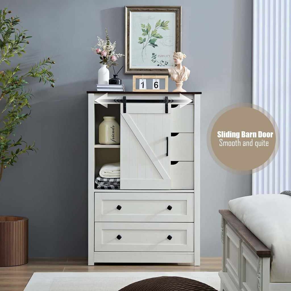 Antique White with 5 Drawers, 5 Chest of Drawers with Sliding Barn Door, Farmhouse