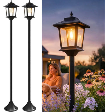 Solar Post Lights Outdoor, 2-Pack 63" Solar Lamp Posts Waterproof with 1 Replaceable Bulb, Warm White Dusk to Dawn