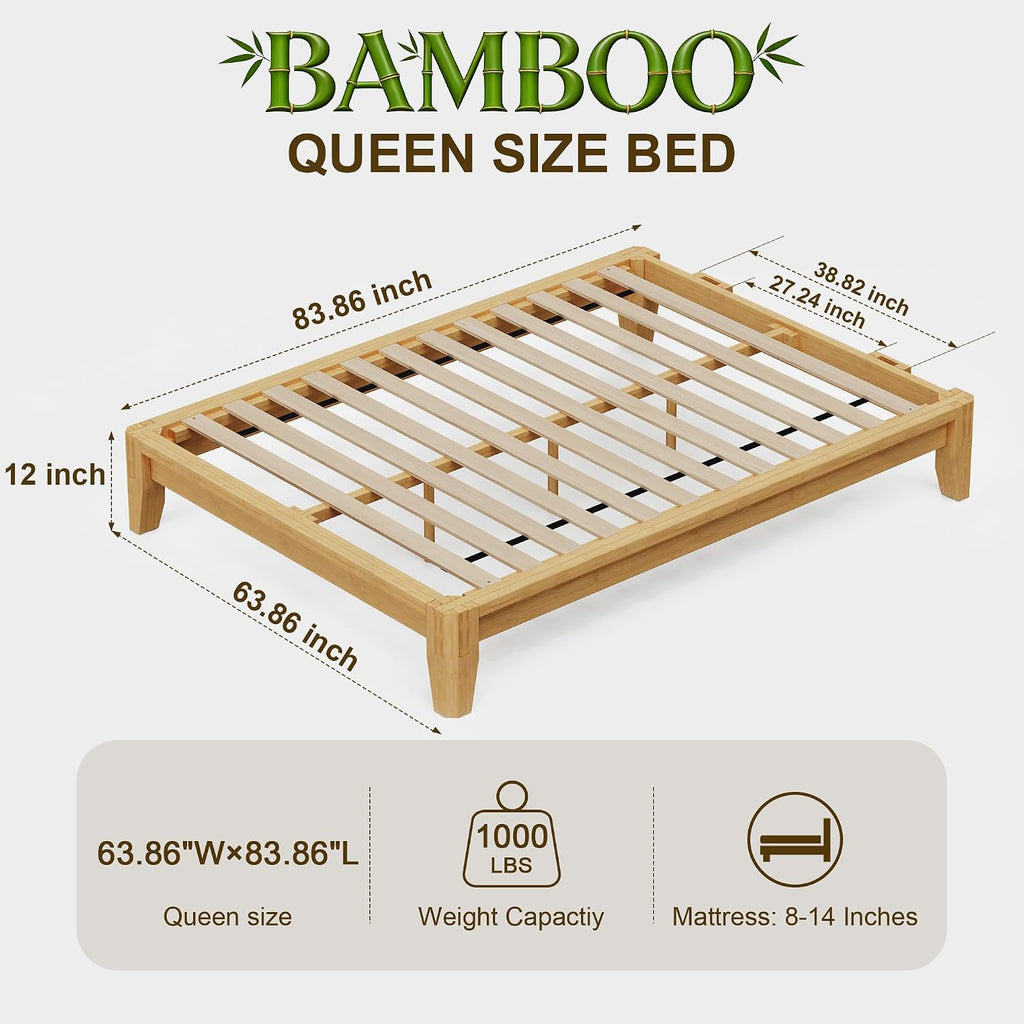 Queen Solid Bamboo Bed Frame, Japanese Joinery Platform Bed Frame(Natural)