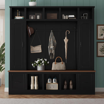 Large Hall Tree with Bench and Shoe Storage, 72" Farmhouse Entryway Bench with 2 Drawers, 5 Hooks & Top Cubbies